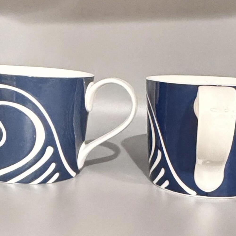 2 (TWO) Starbucks Mugs Ocean Blue with White Wave Etched Design NWOT